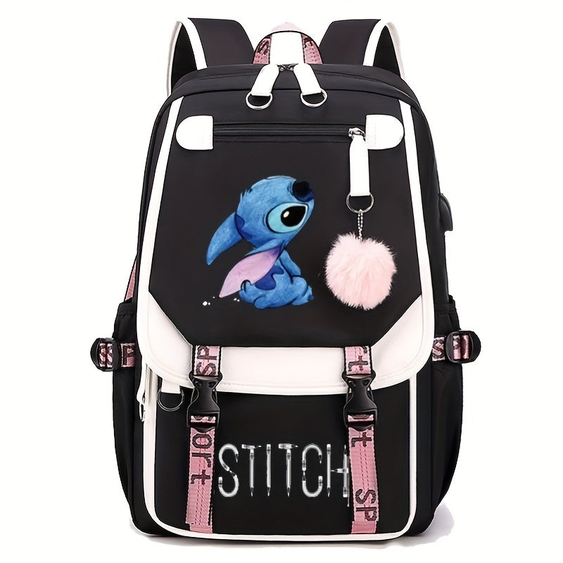 Mochila Escolar do Stitch com Grande Capacidade e Porta USB