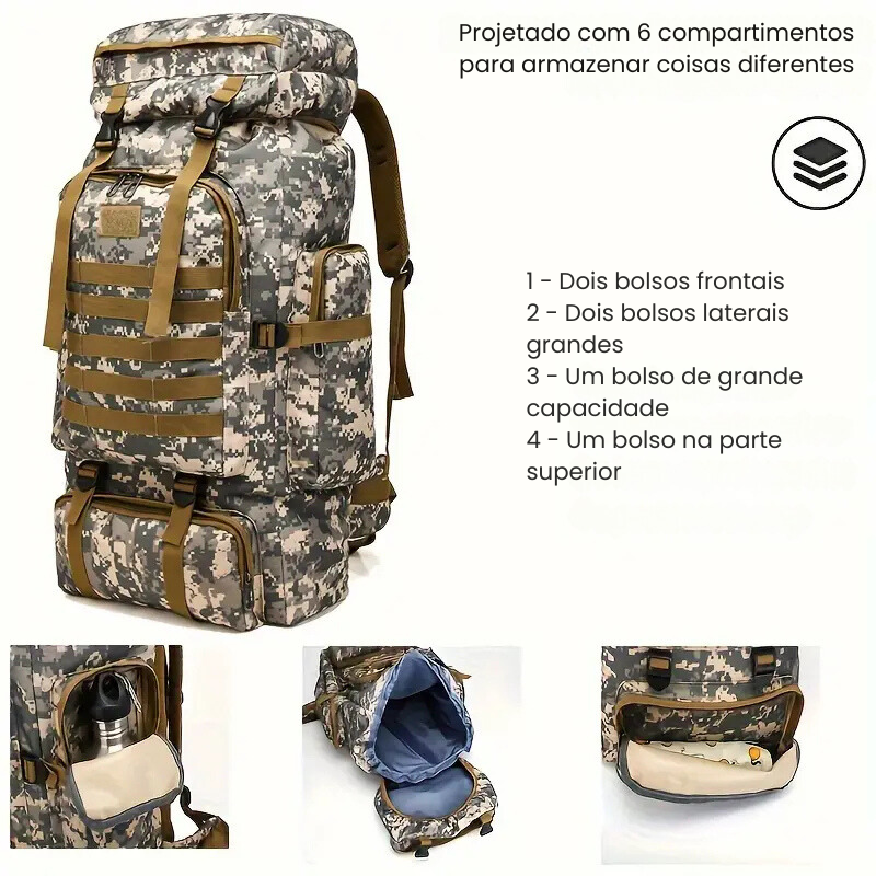 Mochila Tática Impermeável 80L para Acampamento e Caminhadas